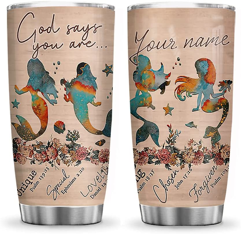 20Oz Personalized Name Mermaid Inspiration Faith God Says You Are Tumbler Cup With Lid, Double Wall Vacuum Thermos Insulated Travel Coffee Mug