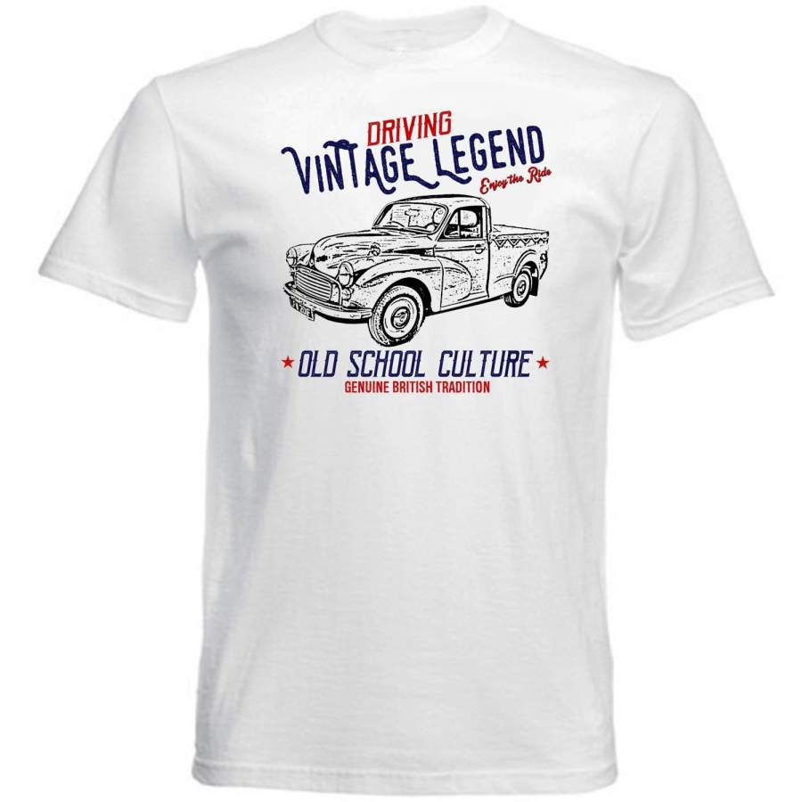 Vintage British Car Morris Minor Pick Up Print White Graphic Tee Shirt Mens Fashion T Shirt Casual Bottoming Tee Shirt Short Sleeves Tops Clothing