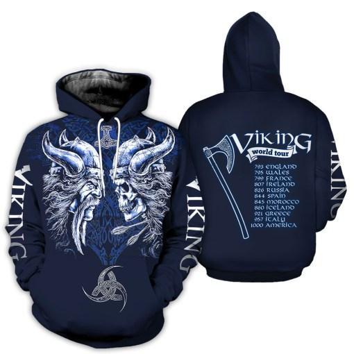 Vikings Odin And Skull Thor Hammer And Triple Horn Viking World Tour Axe 3D All Over Print Hoodie