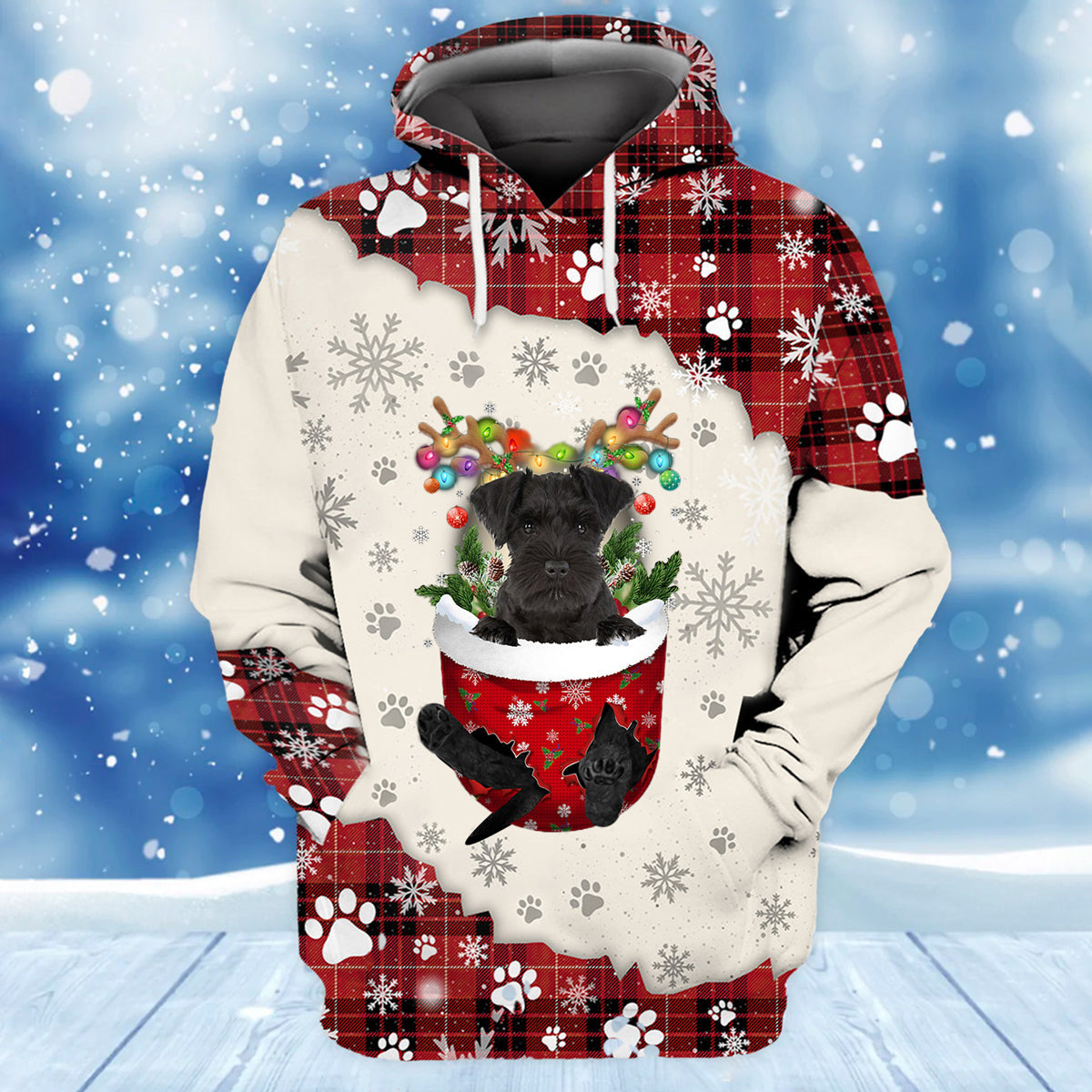 Black Miniature Schnauzer In Snow Pocket Merry Christmas Unisex Hoodie