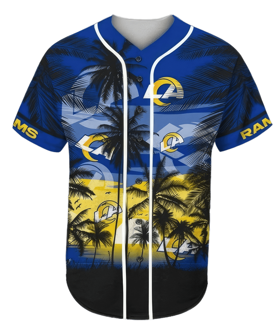 Los Angeles Rams Jersey Palm Trees In The Sunset Los Angeles Rams Symbol Graphic Blue Jersey Shirt Los Angeles Rams Baseball Jersey For Men