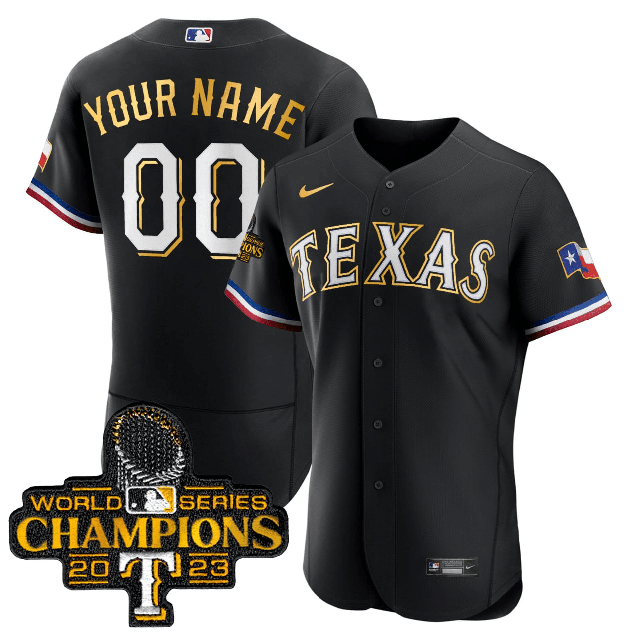 Texas Rangers 2023 World Series Champions Flex Base Gold Trim Custom Jersey – All Stitched