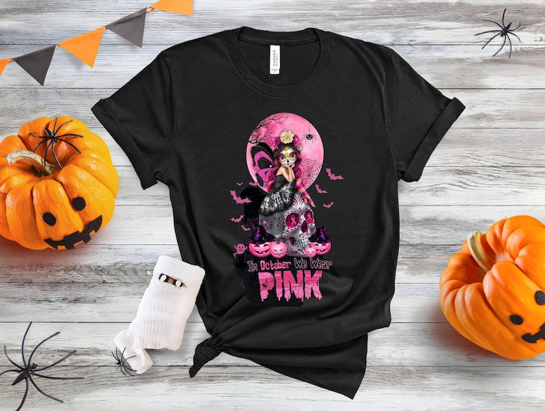 Breast Cancer Awareness Sweatshirt, “In October We Wear Pink” Halloween Shirt Survivor Gifts