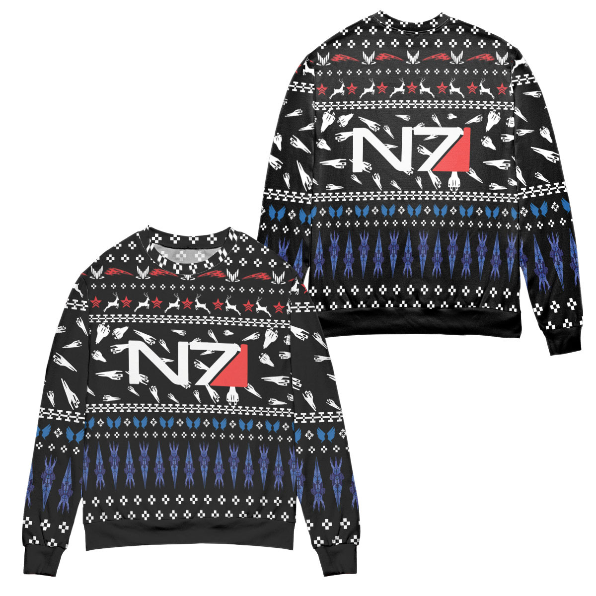 Mass Effect N7 Logo Reindeer Pattern Ugly Christmas Sweater – All Over Print 3D Sweater – Black