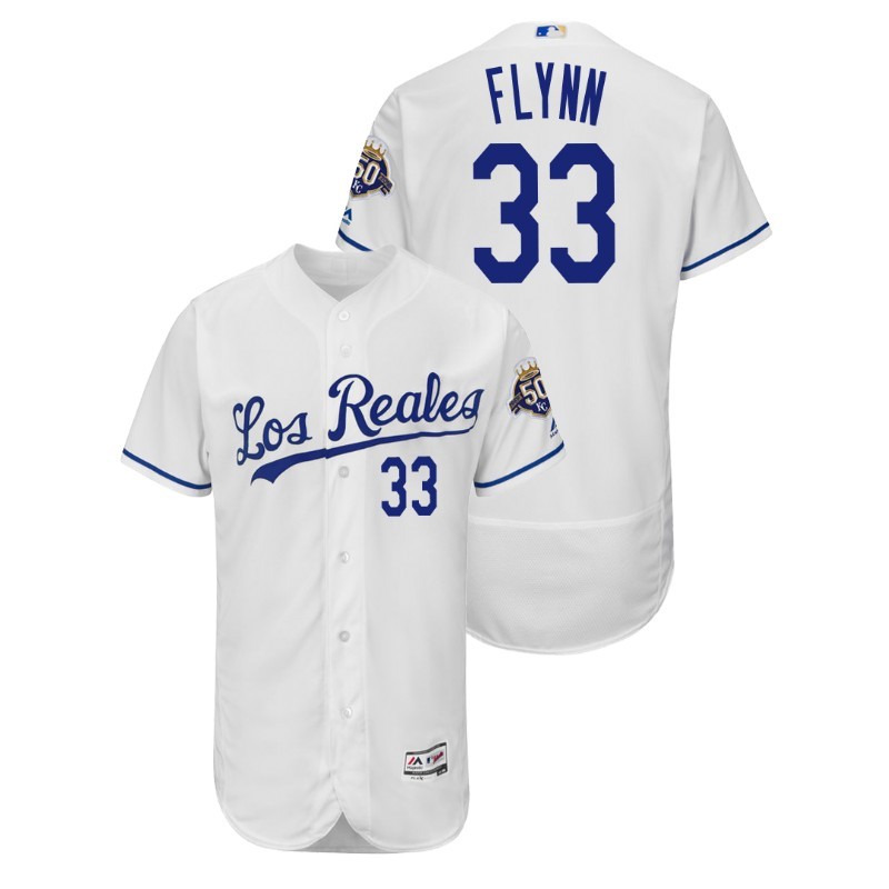 Men’S Kansas City Royals White Home Flex Base #33 Brian Flynn 50Th Anniversary Jersey – All Stitched, Embroidery