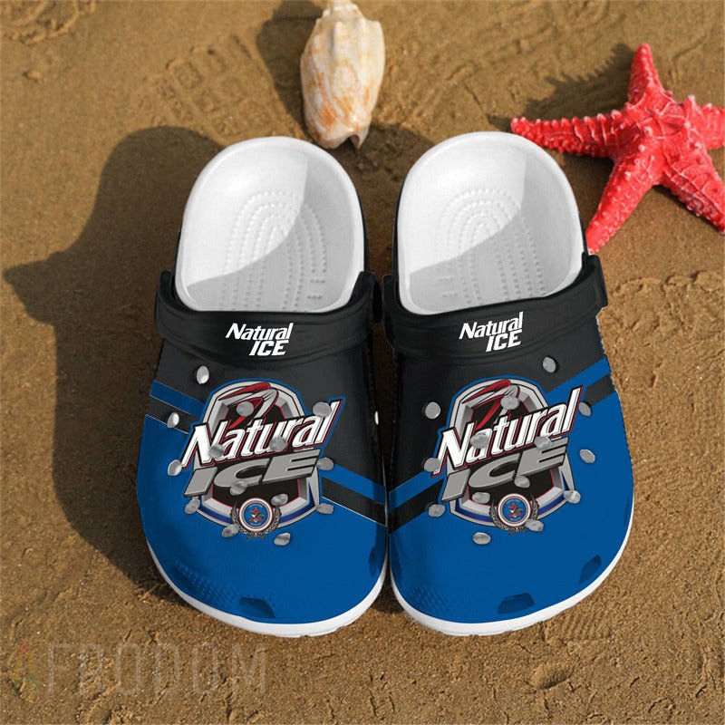 Natural Ice W Hole Logo Pattern Crocs Classic Clogs Shoes In Blue & Black