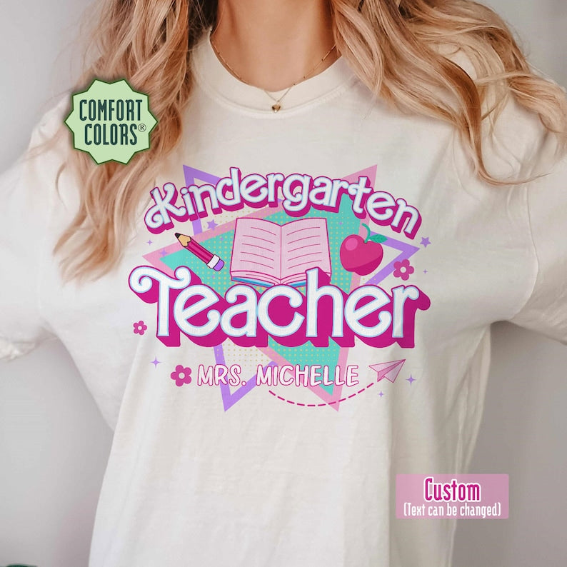 Personalized Kindergarten Teacher Comfort Colors Shirt, Pink Teacher Shirt, Colorful Teacher Shirt, 90S Teacher Shirt, Back To School Shirt