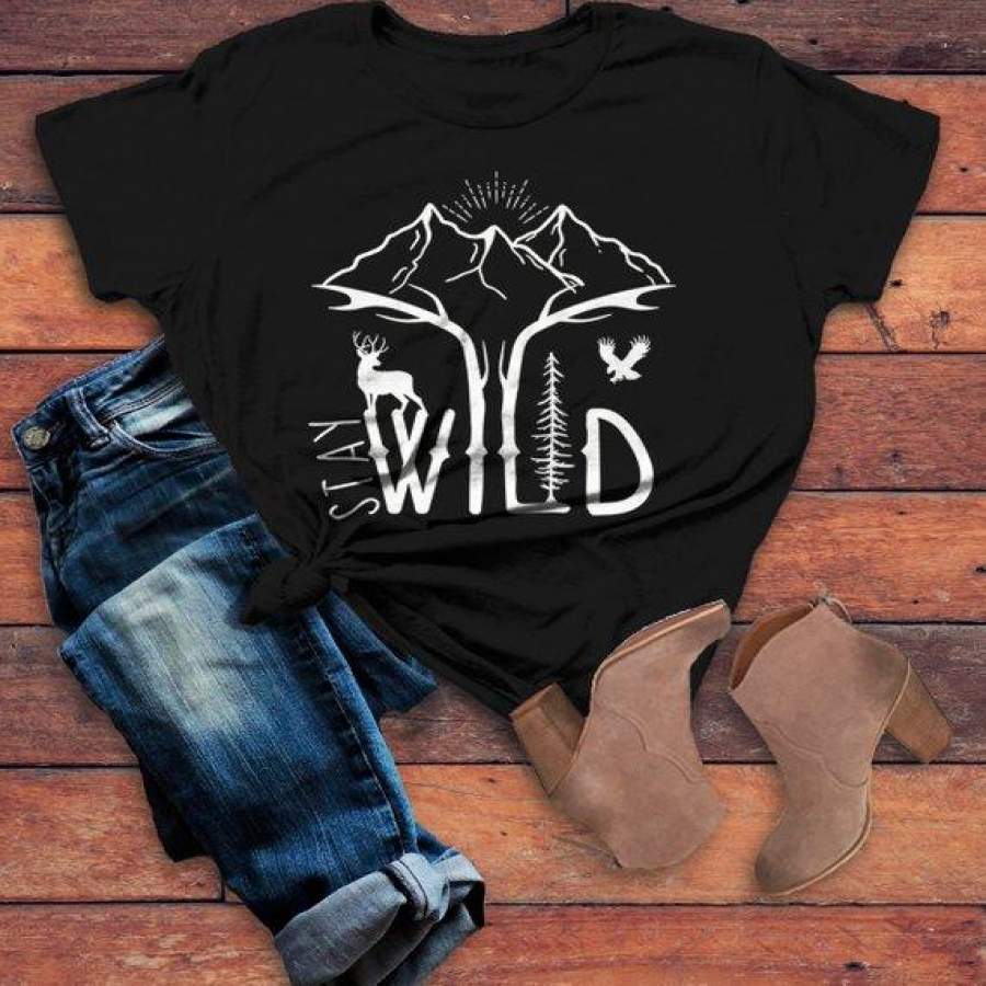 Women’s Hipster Stay Wild Shirt Mountains T-Shirt Explore Antlers Graphic Tee Camping Vintage Wanderlust