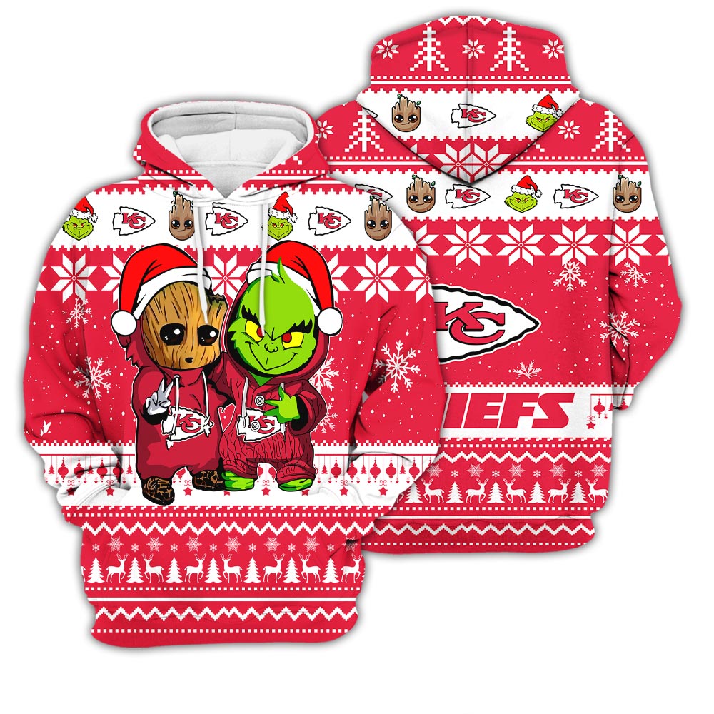 Kansas City Chiefs Baby Groot And Grinch Best Friends Football American Ugly Christmas Sweater New Trends For Fans Club Gifts Unisex 3D Hoodie