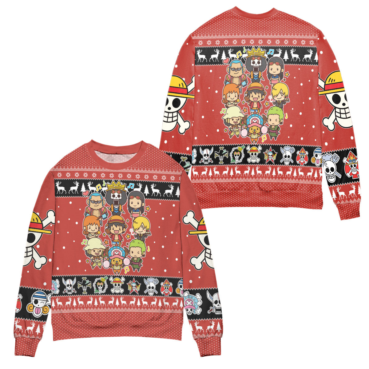 Chibi Version One Piece Snowflake Ugly Christmas Sweater – All Over Print 3D Sweater – Red