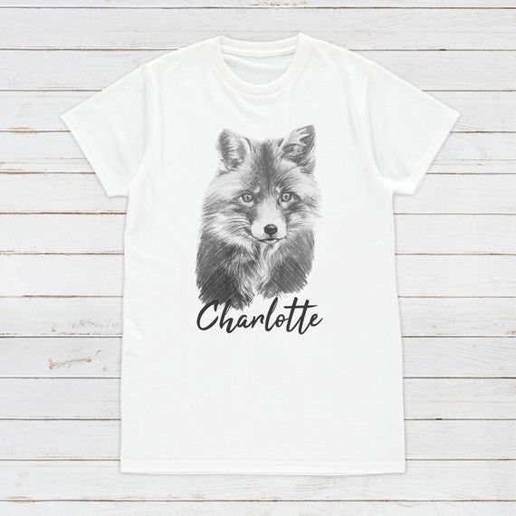 Custom Name Fox T Shirt Personalised Your Message Artist Pencil Sketch Drawing Cub Vegan Animal Cute Forest Nature Men S Women S Printed Tee