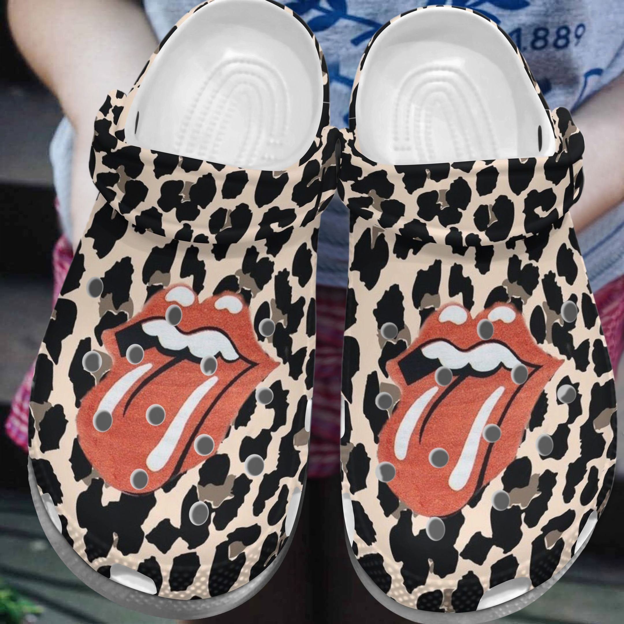 Cheetah Rolling Stones Tongue Crocs Classic Clogs