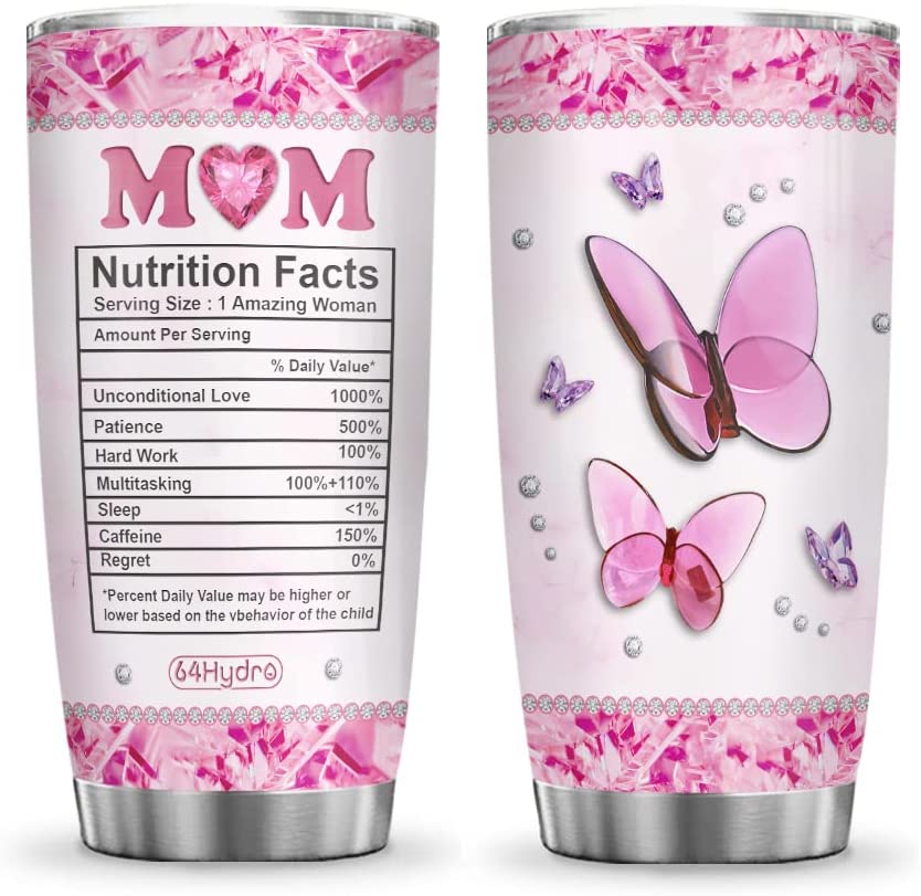 20Oz Mom Nutrition Facts Mother Gifts Butterfly Lover Stainless Steel Tumbler Cup With Lid, Double Wall Vacuum Thermos Insulated Travel Coffee Mug – Aerz1112008Z