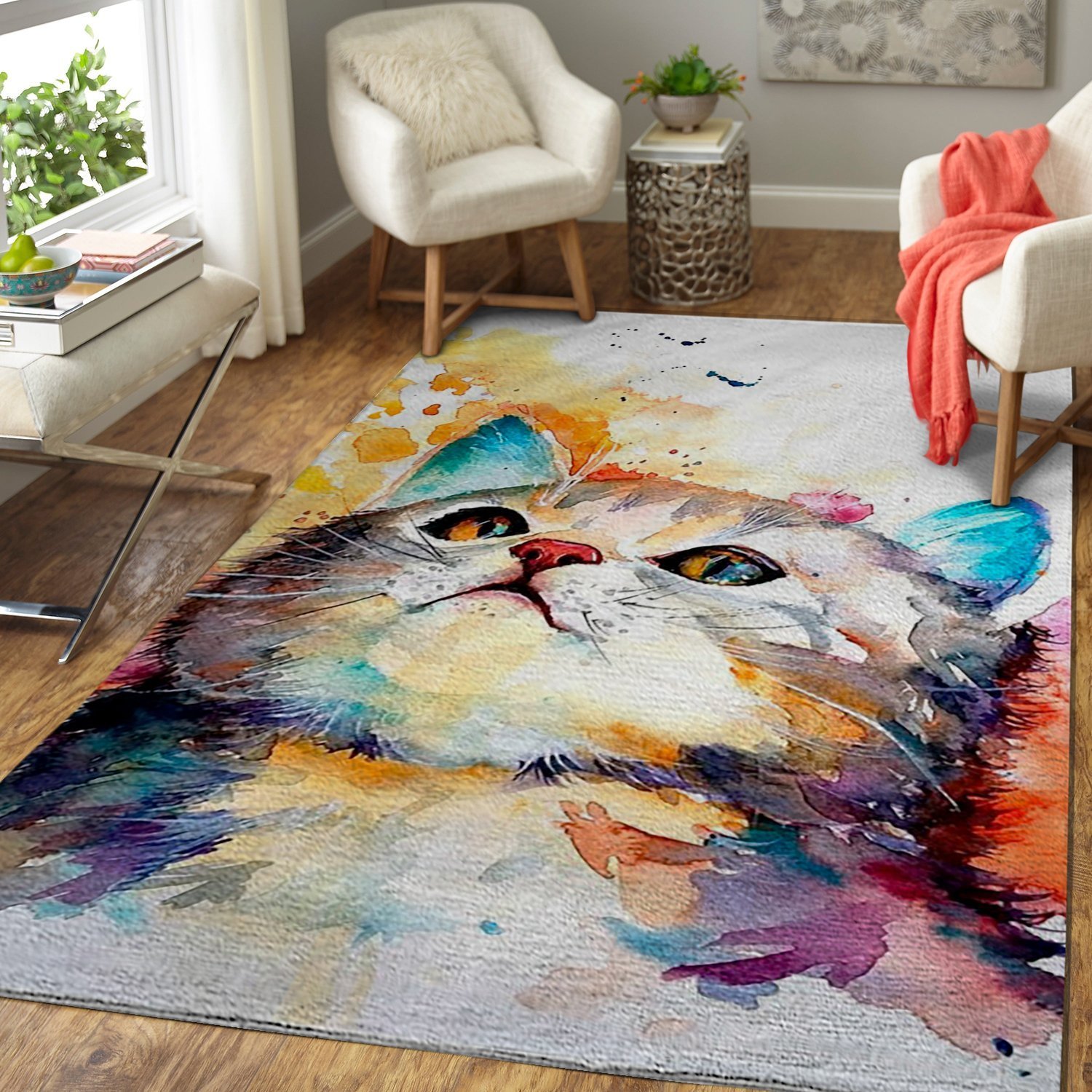 Colorful Curiosity Cat Area Rug/ Cute Animal Print Floor Decor RCDD81F10123