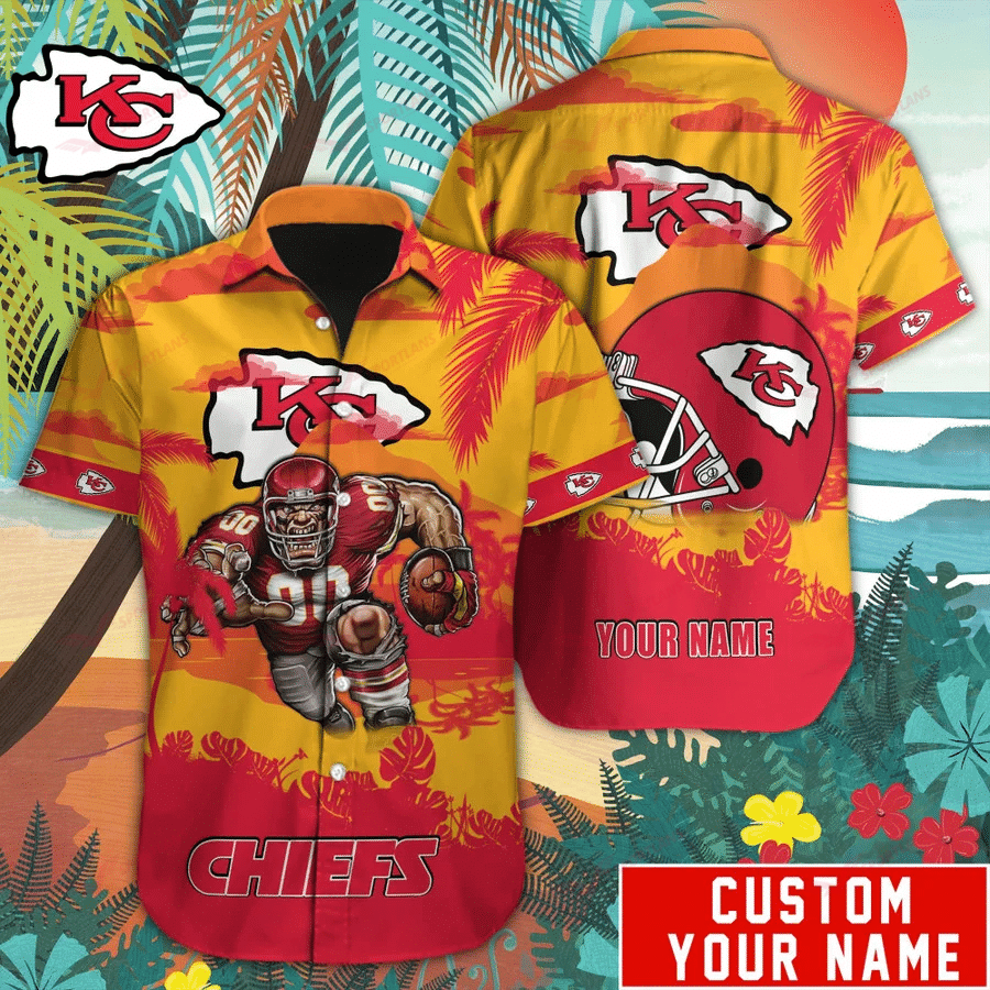 Kansas City Chiefs Mascot Button Up Hawaiian Shirt Custom Name