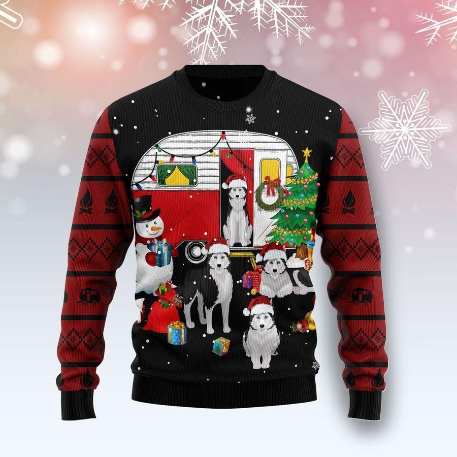 Camping Car And Siberian Husk Ugly Christmas Sweater 2023 For Men ...