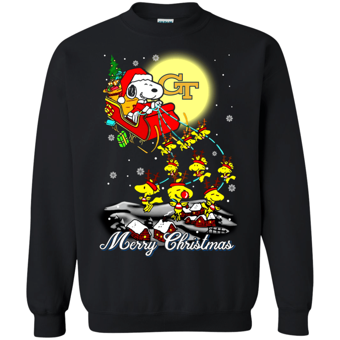 Blithesome Georgia Tech Yellow Jackets Snoopy Ugly Christmas Sweater 2023S Santa Claus With Sleigh Sweatshirts