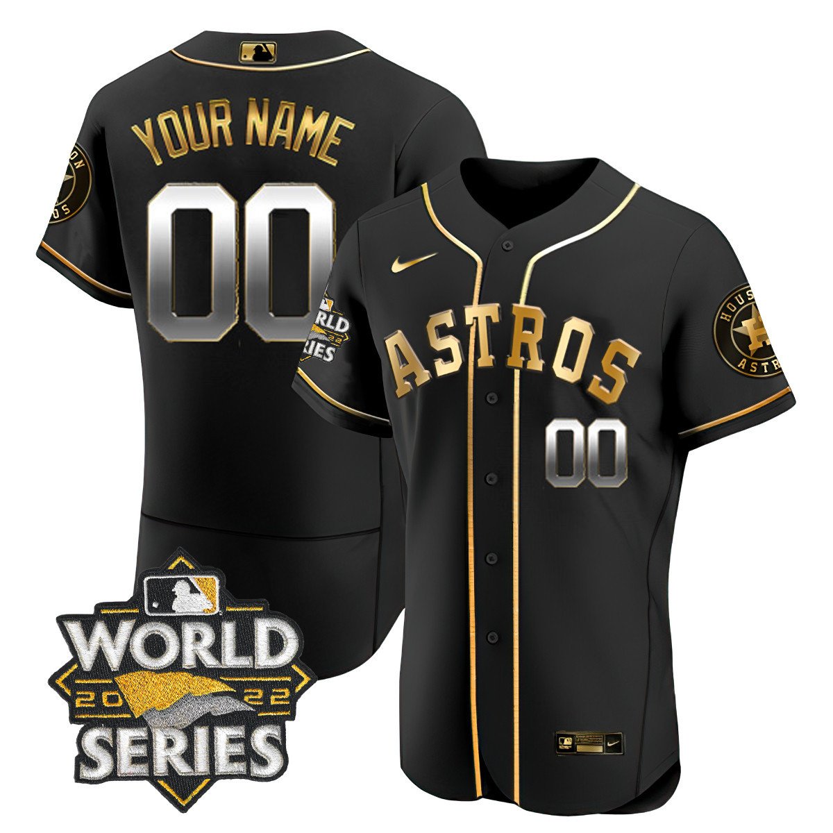 Houston Astros 2022 World Series Black Gold Custom Name And Number 