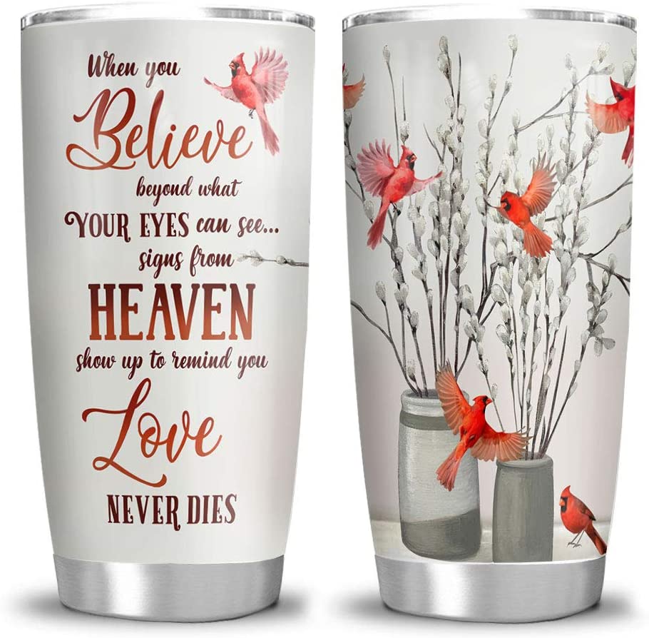 20Oz Cardinal Bird In Heaven When You Believe Tumbler Cup With Lid, Double Wall Vacuum Sporty Thermos Insulated Travel Coffee Mug