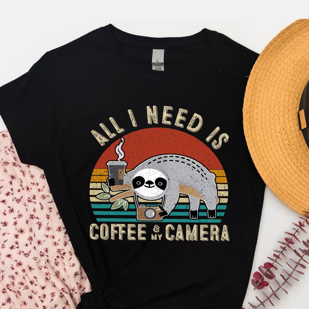 All I Need is Coffee and My Camera Sloth Photographer Summer Vintage Unisex T Shirt