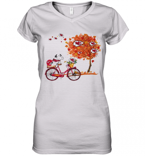 Maple Leaves Snoopy Riding Bike Logo Kansas City Chiefs Women’S V-Neck T-Shirt