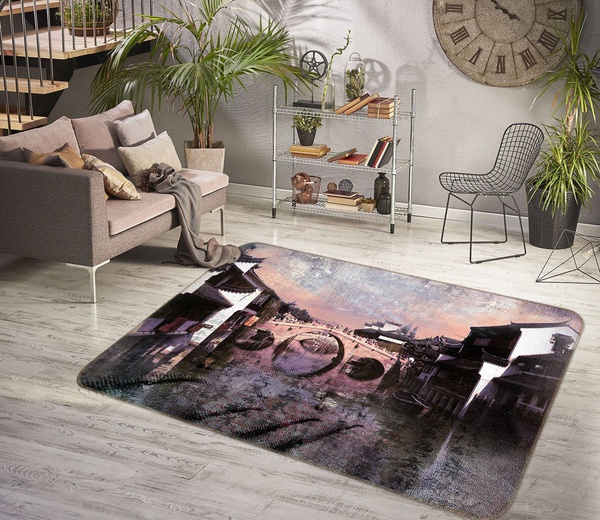 3D Bridge Houses Rustic Art Area Rug Home Decor