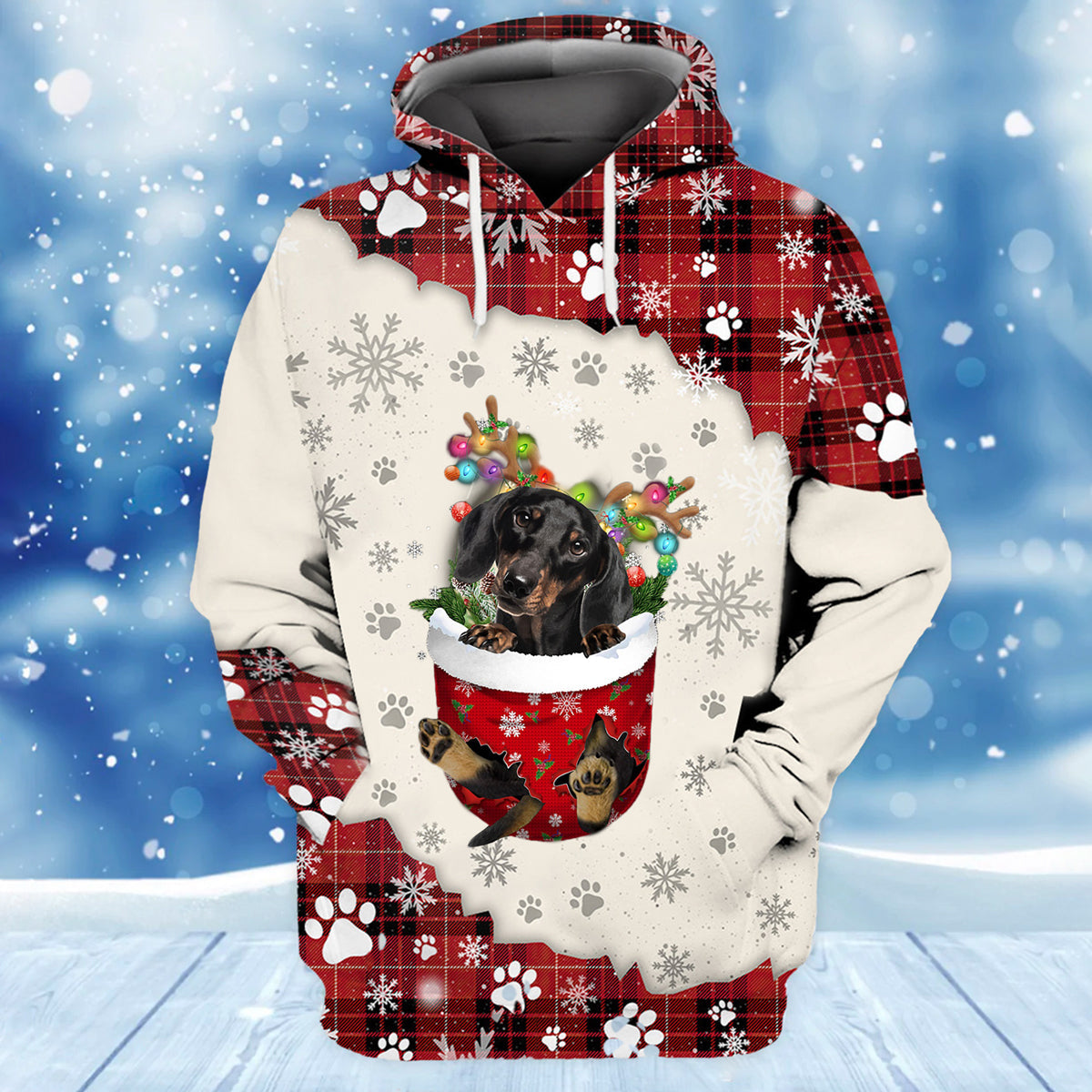 Black Dachshund In Snow Pocket Merry Christmas Unisex Hoodie