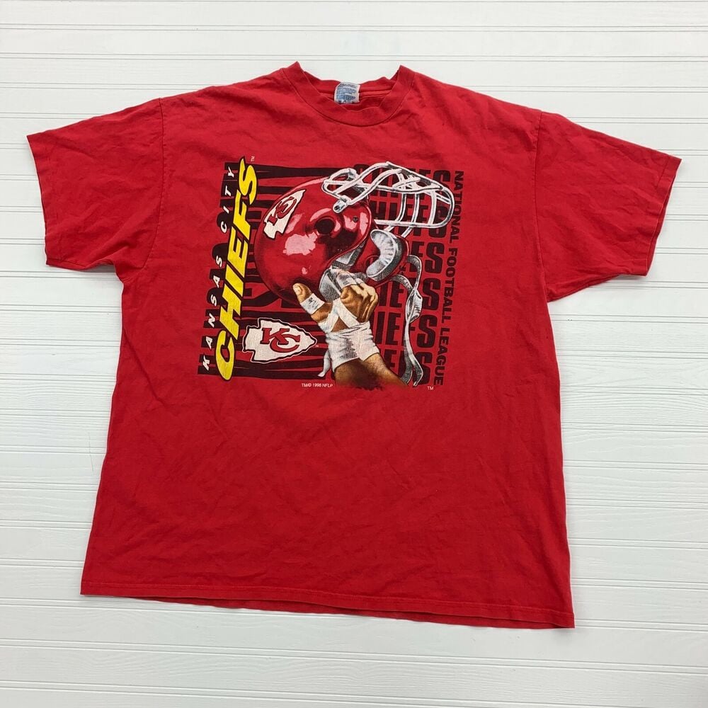 Vintage Red Kansas City Chiefs 96 Raised Helmet T Shirt Adult 2