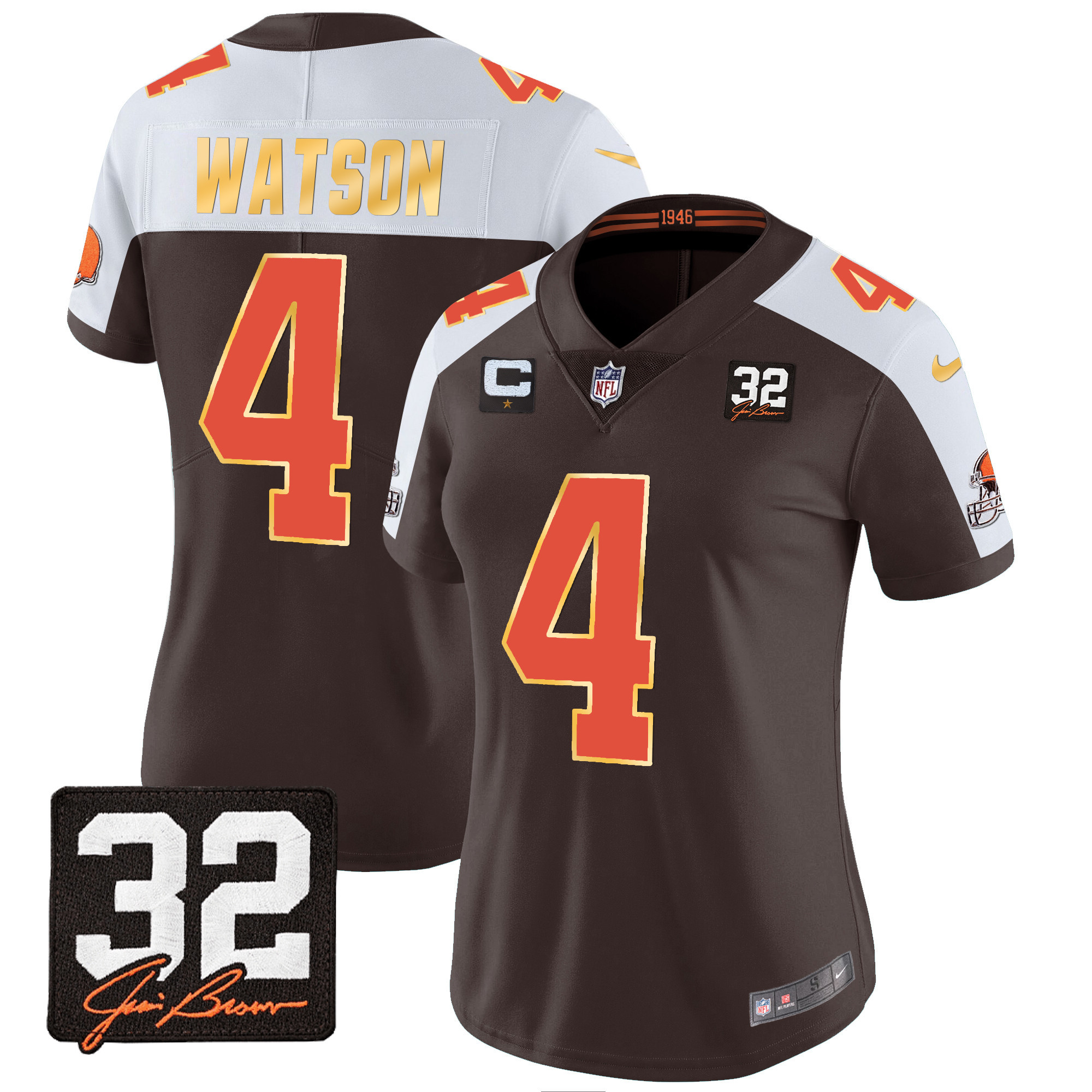 Women’S Browns #32 Jim Brown Memorial Patch Gold Trim Jersey – All Stitched