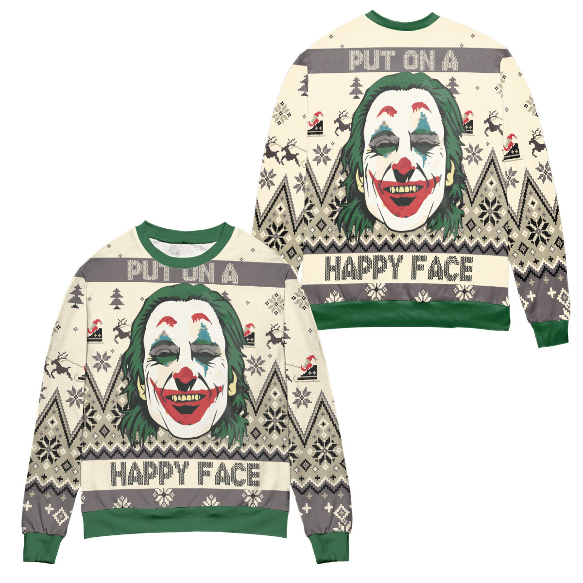 Joker Put On A Happy Face Reindeer & Pine Tree Pattern Ugly Christmas Sweater – All Over Print 3D Sweater