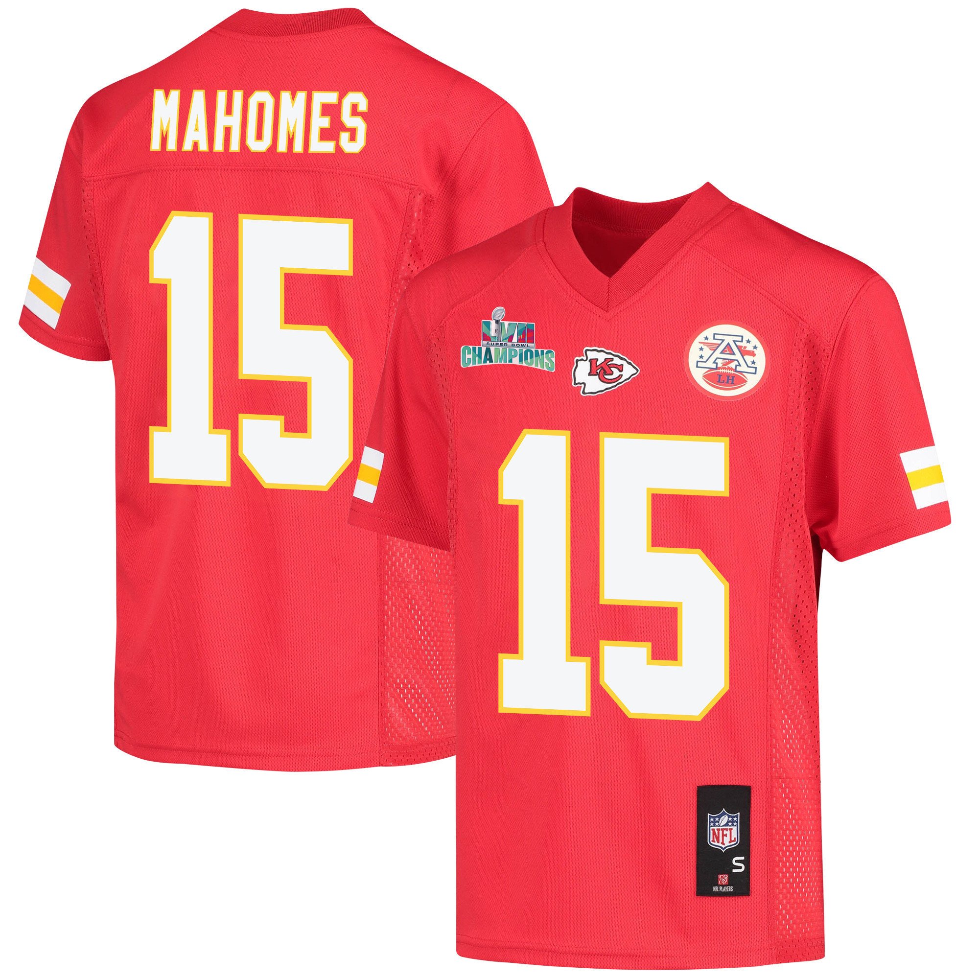 Patrick Mahomes 15 Kansas City Chiefs Super Bowl Lvii Champions Youth Game Jersey – Red