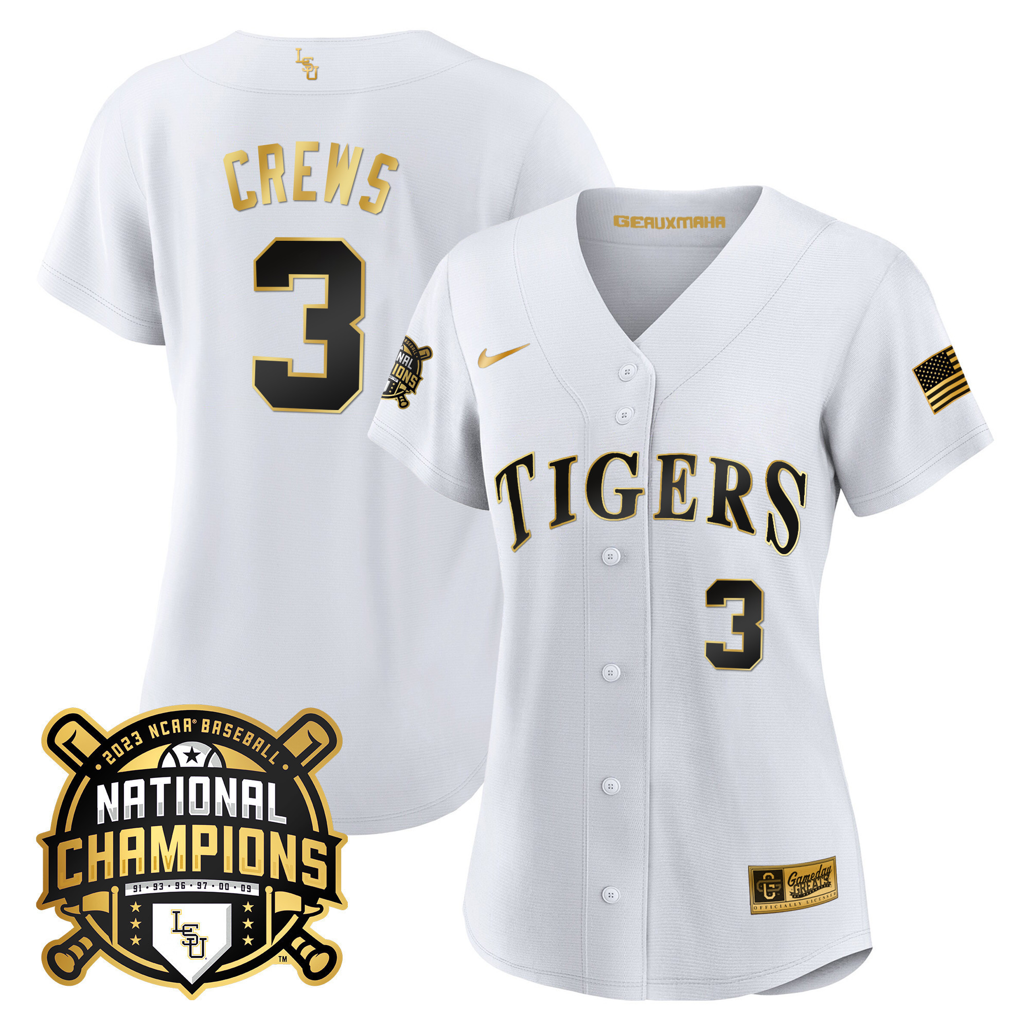 Women’S Lsu Tigers 2023 National Champions Gold Cool Jersey – All Stitched