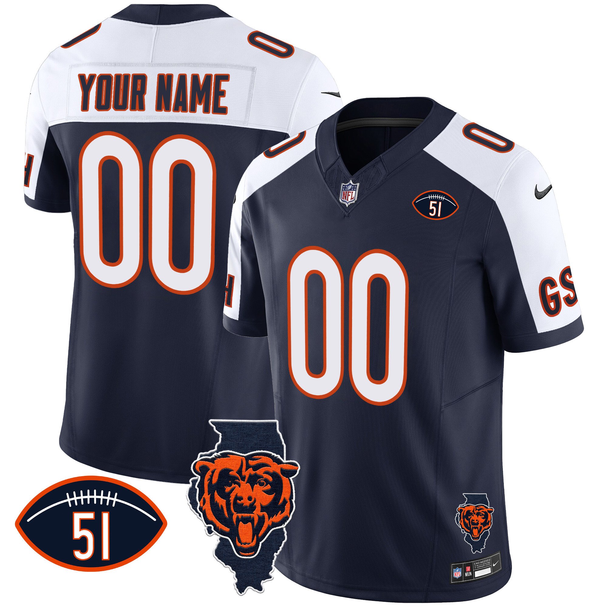 Bears Illinois Patch Vapor Custom Jersey – All Stitched