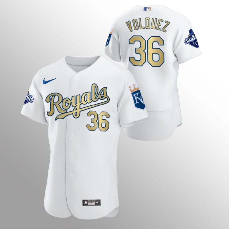 Kansas City Royals Edinson Volquez White 2015 World Series Champions Nike Jersey – All Stitched, Embroidery