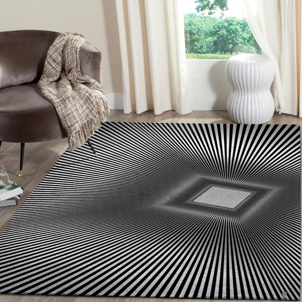 3D Black And White Geometric Square Hole Design Area Rug Home Decor