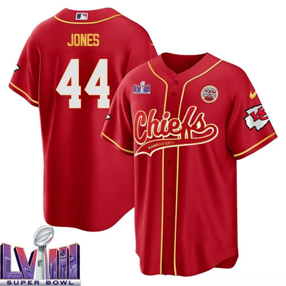 Cam Jones 44 Kansas City Chiefs Super Bowl Lviii Baseball Men Jersey – Red