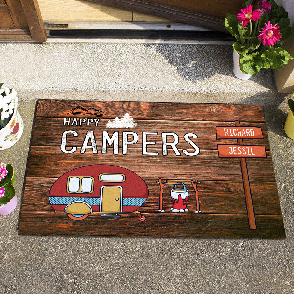 Custom Funny Doormat, Happy Campers Doormat, Camper Family Name Rug, Camping Decor