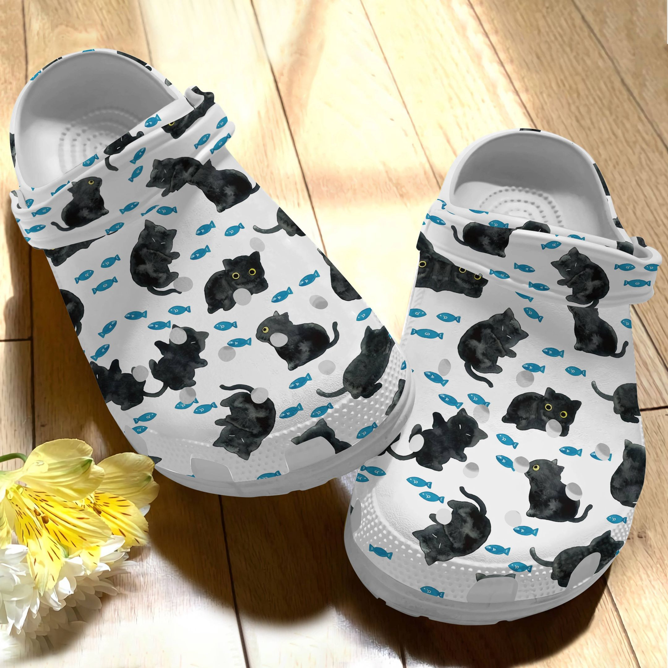 Cute Black Cats Water Color Shoes – Cute Animal Crocs Crocbland Clog Birthday Gift – Cat-Wt