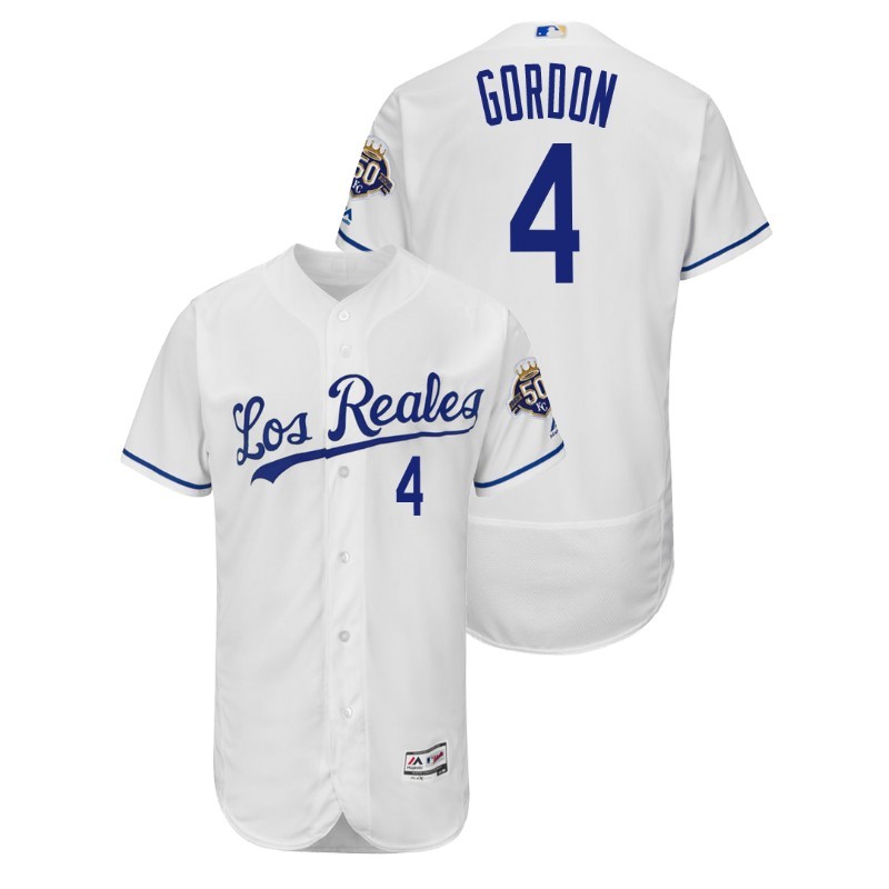 Men’S Kansas City Royals White Home Flex Base #4 Alex Gordon 50Th Anniversary Jersey – All Stitched, Embroidery