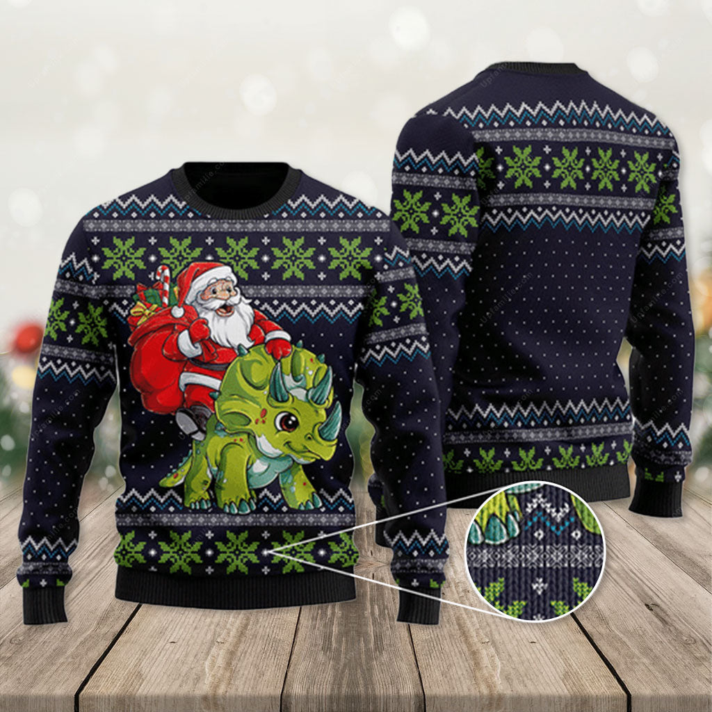 Dinosaur Ugly Christmas Sweater 2023, Triceratops And Santa Ugly Christmas Sweater 2023 3D, Presents For Christmas