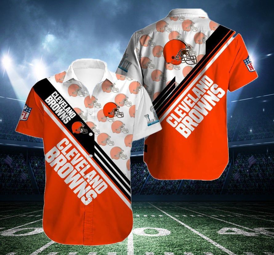 Tshirtcustom - Printed T - Shirt - Cleveland Browns Nfl Hawaiian Shirt Beach Shirt - Cleveland Browns Button Down Short Sleeve Shirt Tropical Shirt Summer Shirt Fan Gift K176H21