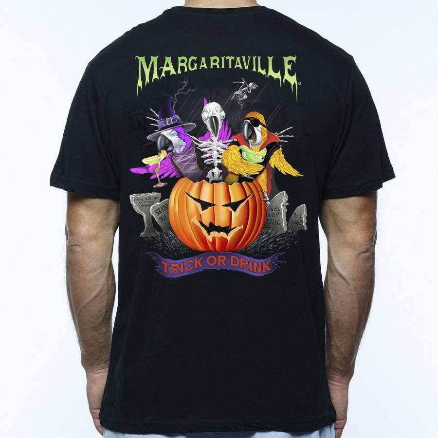 Vintage Halloween T-shirt Margaritaville Trick of Drink Men Black T-Shirt S-3XL