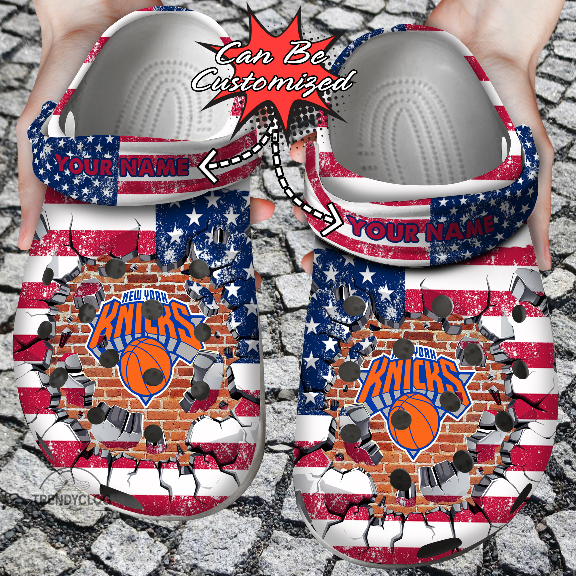 Basketball Crocs Personalized Ny Knicks American Flag Breaking Wall Clog Shoes