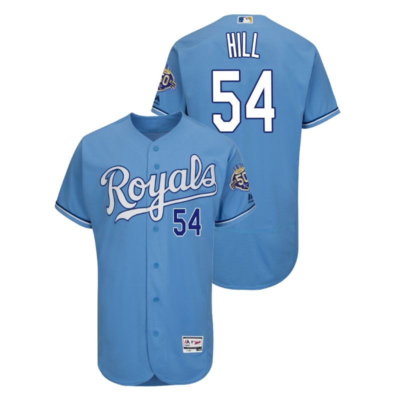 Men’S Kansas City Royals Gray Road Flex Base #54 Tim Hill 50Th Anniversary Jersey – All Stitched, Embroidery