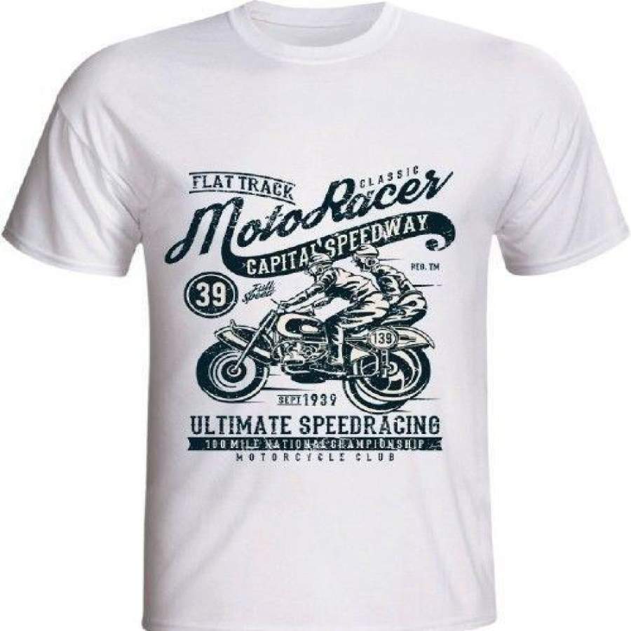 Moto Racer Classic Mens White Tshirt Vintage Style Speed Racing Biker