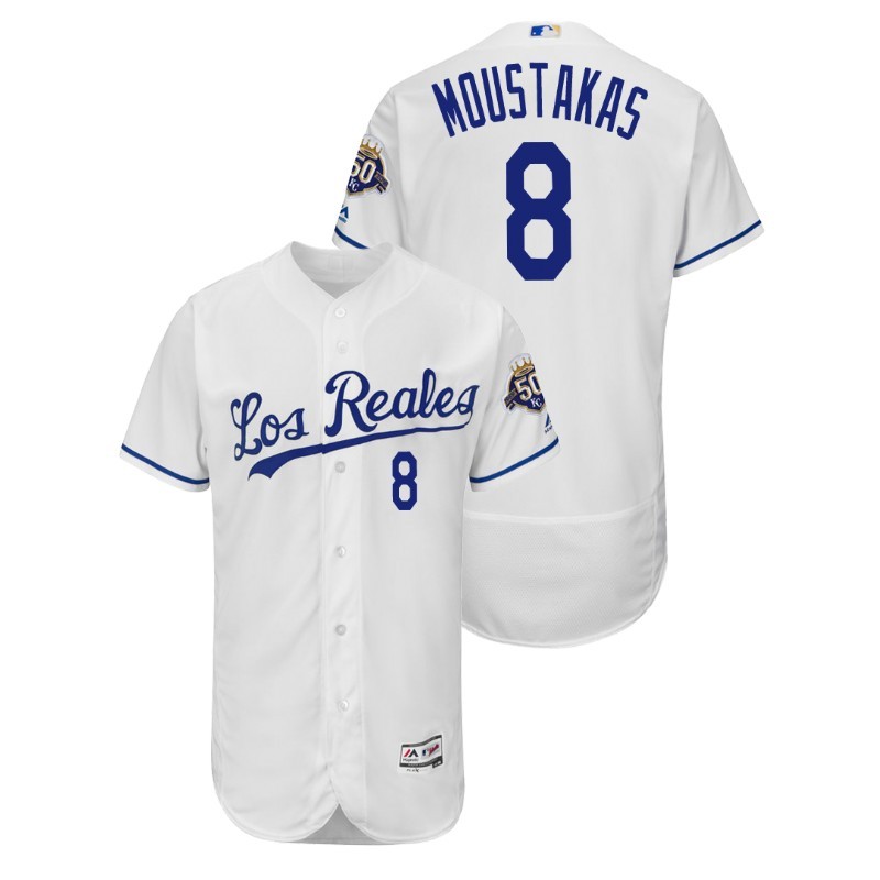 Men’S Kansas City Royals White Home Flex Base #8 Mike Moustakas 50Th Anniversary Jersey – All Stitched, Embroidery