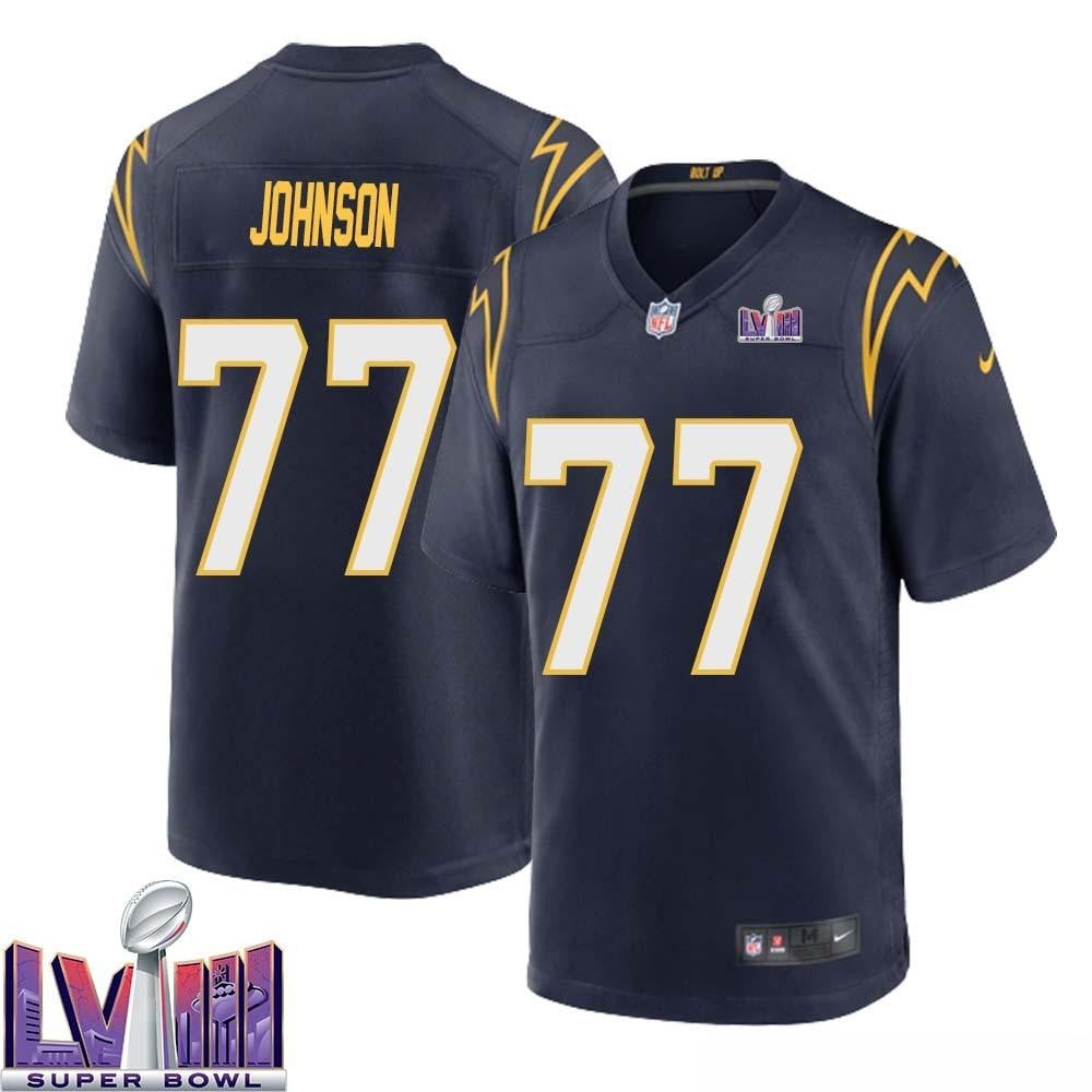 Zion Johnson 77 Los Angeles Chargers Super Bowl Lviii Men Alternate Game Jersey – Navy