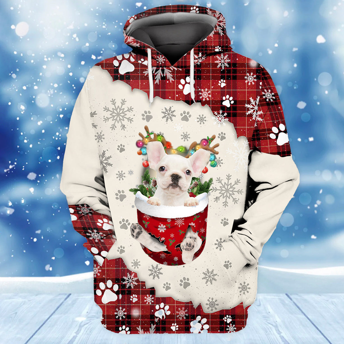 White French Bulldog In Snow Pocket Merry Christmas Unisex Hoodie