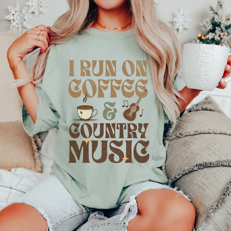 I Run On Coffee And Country Music T-Shirt, Vintage Cowgirl Western Shirt, Retro Country Music Concert Nashville Southern Tee