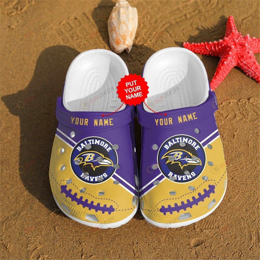 Baltimore Ravens Custom Name Pattern Crocs Classic Clogs Shoes In Purple & Yellow – Aop Clog